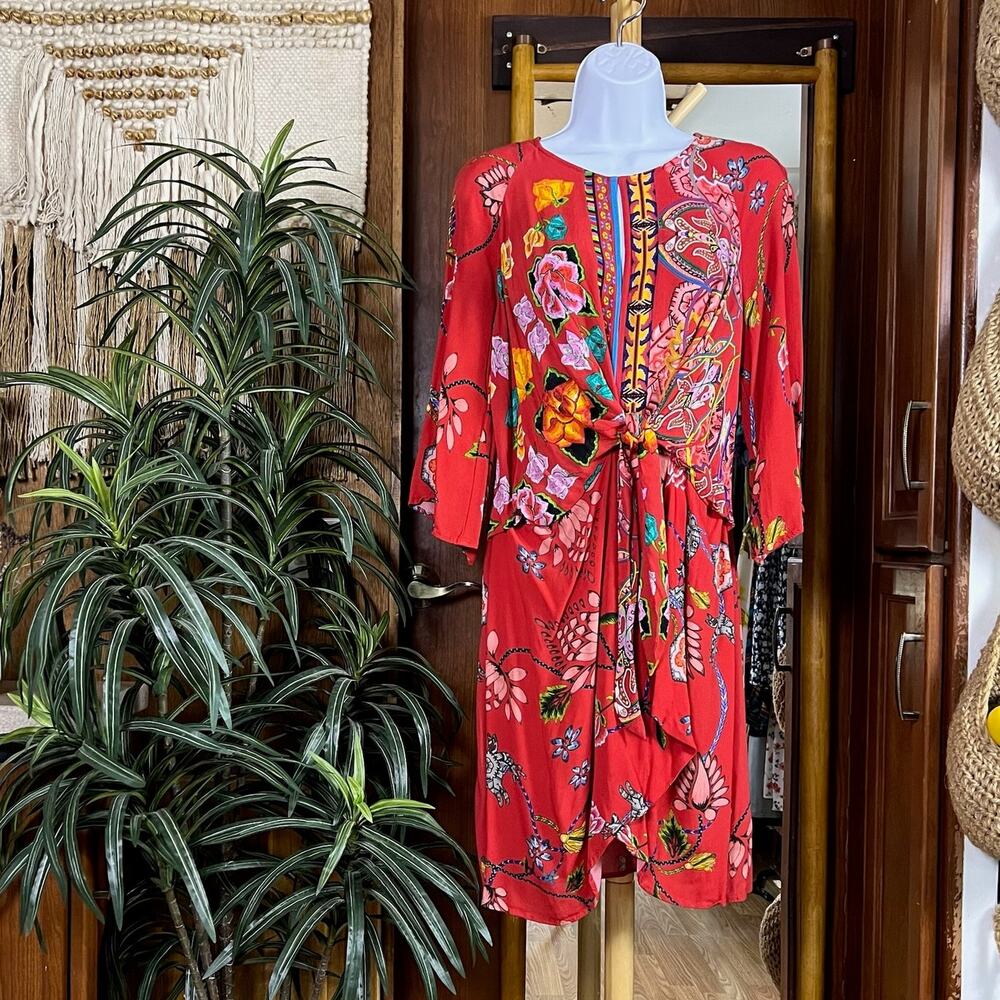 Desigual Glen Tie Front Dress Size 46 US 12 Red Floral Paisley Keyhole Viscose